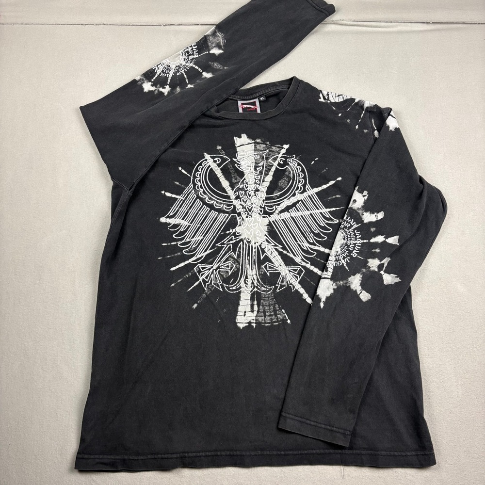 Jaguar Mens XL Long Sleeve Graphic T-Shirt Black Eagle Crest Bleach Tie Dye